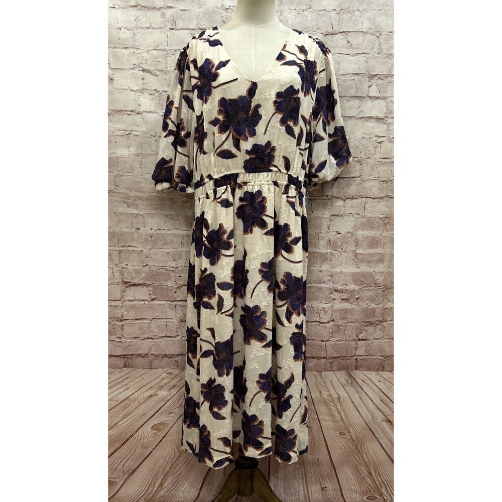 DRAPER JAMES RSVP Womens Jacquard Woven Midi Dress Floral Ivory Navy Size 1X NEW
